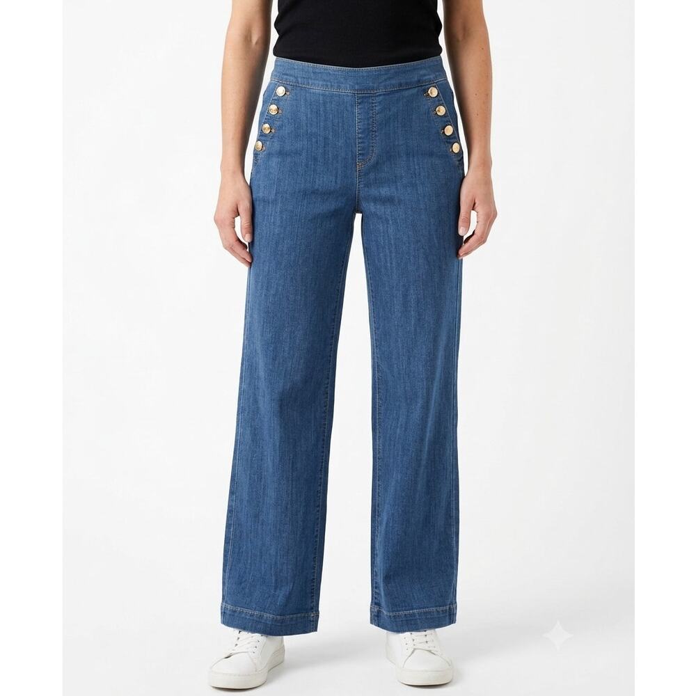 Chico's Wide Leg Sailor Jeans Women's 2 US 12R Blue Denim Gold Button High Rise